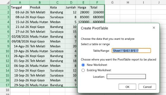 Kotak dialog Create PivotTable di Excel for the web. Rentang data ‘Sheet1’!$A$1:$F$17 terpilih dan opsi New Worksheet dicentang.