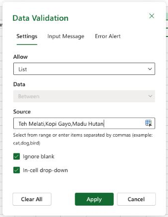 Dialog Data Validation di Excel for the web dengan Allow diisi List dan Source berisi tiga item dipisah koma